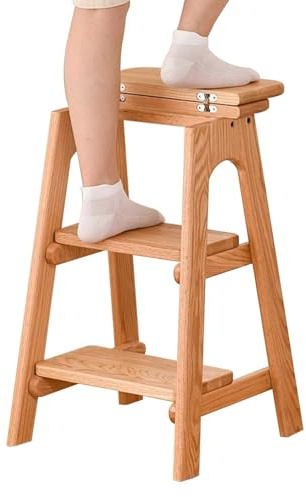 Marchepieds pour adultes, escabeau à 3 marches en bois, design 2 en 1 avec échelle et tabouret pour la maison, le bar et la bibliothèque – Capacité de 150 kg (B)