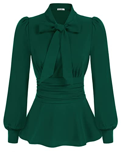 Women Elegant Long Sleeve Corset-Style Blouse Vintage Long Sleeve Stand Collar Tops for Work Office Dark Green M