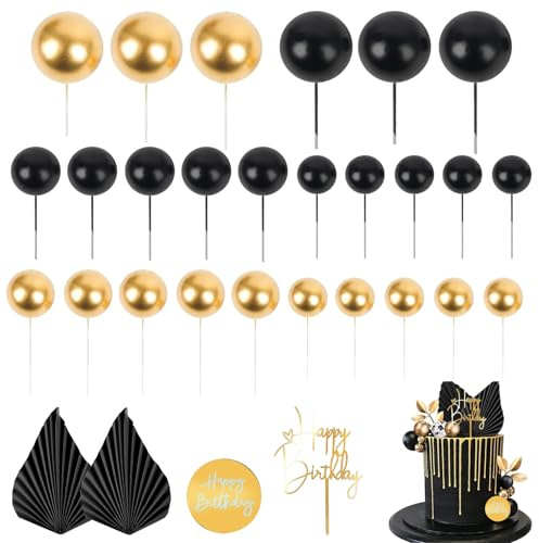 30Pcs Ball Cake Toppers, Black and Gold Cake Decorations | Boho Happy Birthday Cake Toppers, Mini Balloon Cake Insert Toppers for Birthday Boho Wedding Baby Shower Party Supplies