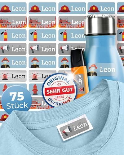Wasch- & Spülmaschinenfest (75x Stück) Namensaufkleber Kinder Kleidung - Dermatologisch getestete Namensaufkleber Schule - Made in Germany Namensetiketten Schule - Aufkleber Namen Kinder Feuerwehr