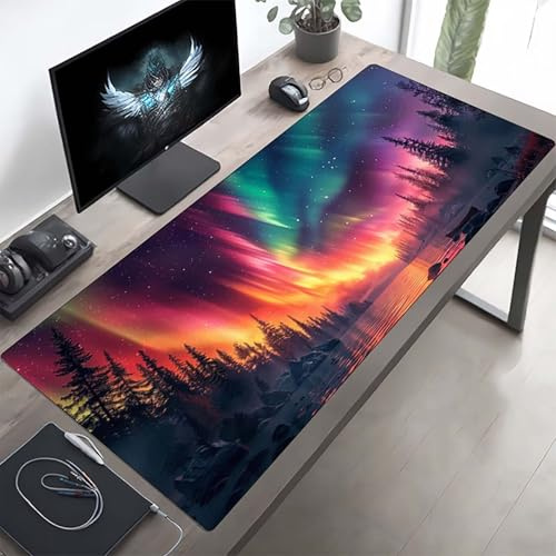 Gaming Mauspad 1600x800x3 mm Gaming Mousepad XXL Aurora Grün Mauspad Schreibtischauflage, Genähte Kanten Mausmat, rutschfeste Gummibasis, Schreibtisch Schutz für Home Büro, Geschenke PjY7130 0-7