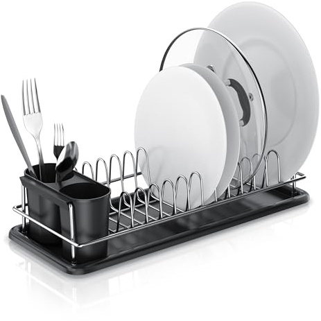 Arendo - Abtropfgestell - Geschirrständer – Tellerhalter – kompaktes platzsparendes Design – 12 Abtropfplätze für Teller Deckel Untertassen - Edelstahl – 2 Besteckhalter
