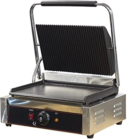 Chef-Hub Commercial Use Large Panini Grill Press Machine, Contact Grill, Electric Hotplate, Sandwich Press, Burgers, Toasties, Sausages Power 2.2Kw Heavy Duty Top Ribbed and Flat Bottom Heating Plate