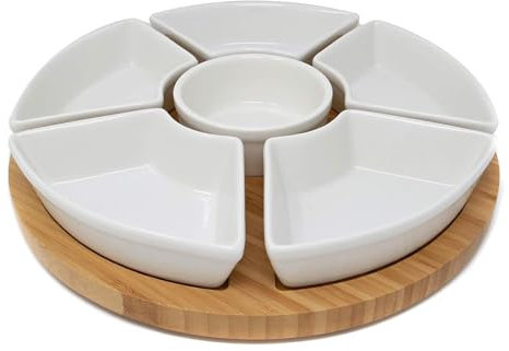 Rotating Dip Set | Lazy Susan with 6 Ceramic Dishes | Serving Platters | Snack Dishes with Turntable | Dips, Snacks & Appetisers | M&W (White)