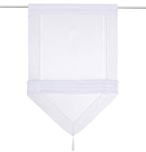 Raffrollo mit Quaste Dreieck Raffgardine Voile Transparent Tunnelzug Vorhang (BxH 45x140cm, Weiß)