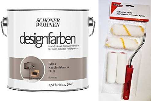 Schöner Wohnen designfarben feinmatte Wandfarbe für innen 2,5 Liter mit go/on Rollen-Set 5-tlg (Nr 8 Edles Kaschmirbraun)