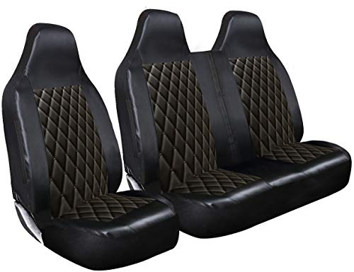 rhinos autostyling FÜR RENAULT TRAFIC SPORT ALLE MODELLE – Premium Luxus-Van-Sitzbezüge Einzelbezüge für Fahrer und Doppelbezüge für Beifahrer – 2 + 1 – Schwarz gestepptes Diamant-Leder