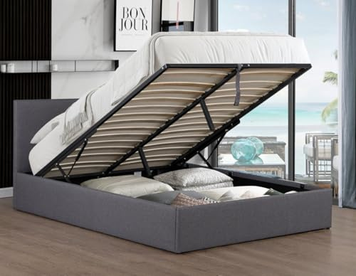 Modernique Grey Fabric Ottoman Storage Bed, Grey Linen Gas Lift Up Storage Bed in Small Double Bed Frame
