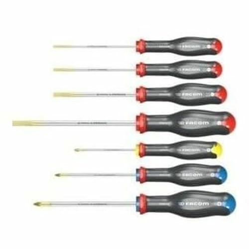 FACOM Set of 7 Protwist Screwdrivers - Ergonomic Non-Slip Handles - Phillips + Pozidriv + Flat Slotted - at.7Pb