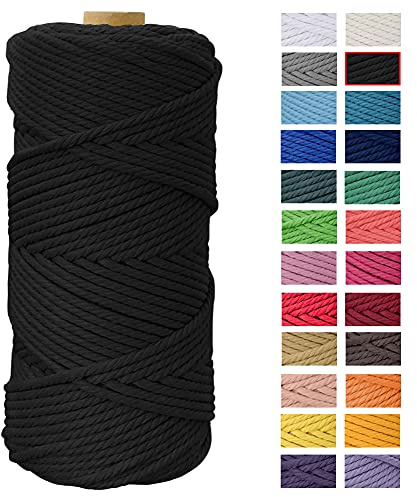 Macrame Cord 4mm x 109 Yards, JeogYong Thick Natural Cotton Cord Yarn Thread, 4-Strand Twisted Spool Twine String Cotton Rope for DIY Crafts, Wall Hangings, Plant Hangers, Home Decorations (Black)