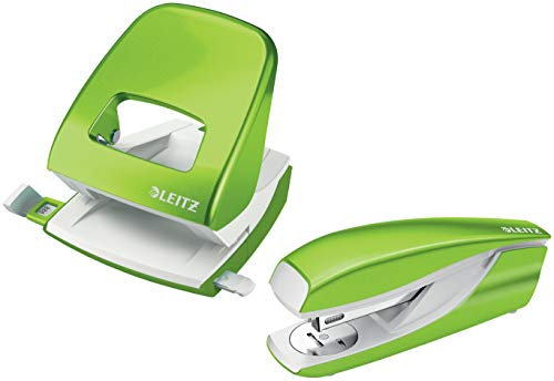 Leitz Locher (30 Blatt, Anschlagschiene mit Formatvorgaben, Metall, Wow) (Grün-metallic + Heftgerät)