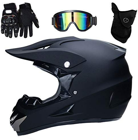 UIGJIOG Kinder Motocross Helm Set (4 Stück/Mattschwarz) - DOT Genehmigt, M(54~55cm), Unisex