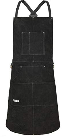 LeaSeek Schweißerschürze aus Leder,Hitzebeständige & Flammhemmende Schwere Arbeitsschürze mit 6 Taschen, 36 Extra Groß & Langer Riemen, Grill schürze Schwarz