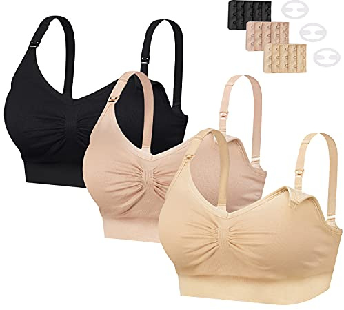 INTLMATE 3 Pack Women's Nursing Bra Seamless Wireless Night Sleep Nursing Maternity Bra Sleep Bralette with Removable Spill Prevention Pads and Bra Extenders
