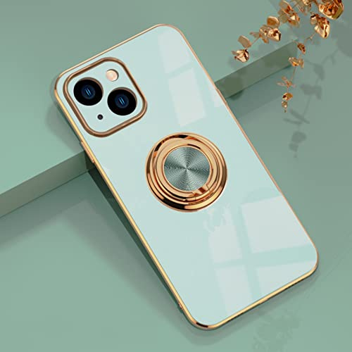 EYZUTAK Electroplated Magnetic Ring Holder Case for iPhone 14, 360 Degree with Rotation Metal Anti-fall Finger Ring Holder Magnet Car Holder Slim Soft Silicone Shockproof Cover - Mint Green