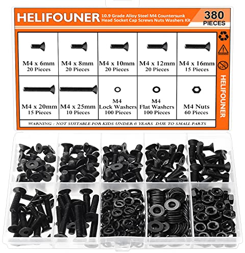 HELIFOUNER 380 Pieces M4 x 6mm /8mm /10mm /12mm /16mm /20mm /25mm, Countersunk Head Socket Cap Screws Bolts Washers Nuts Kit, 10.9 Grade Alloy Steel, Full Threaded, Black