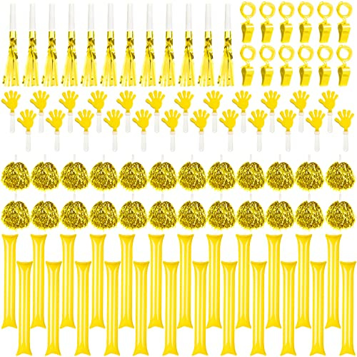 Yunsailing 96 Pcs Homecoming Noisemakers Team Spirit Accessories for Game Day Include Hand Clappers Cheerleading Pom Pom Thunder Stick Cheer Party Blower Plastic Whistle for Sport Fans(Gold)