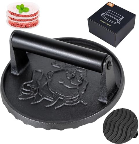 Burgerpresse-robuste Burger Smasher mit wärmeisolierendem Griff-15,2 cm Gusseisen-Burgerpresse,Speckpresse,Sandwichpresse-runde Hamburgerpresse für Grillplatte&50 Stück burger papier für Burgerher