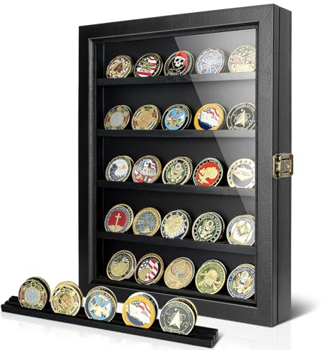 ULTRGEE Challenge Coin Display Case, Coin Collection Display Stand for Wall Military Medal Shadow Box Display Cabinet with Removable Dual Recessed Shelves and Acrylic Panel -Black