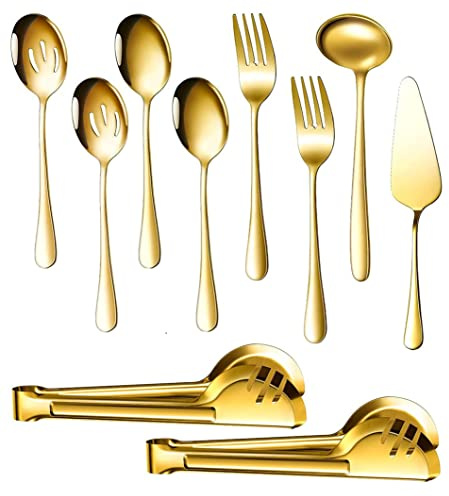 ROLMZJX10 pièces Ensemble D'ustensiles de Service En Acier Inoxydable avec grandes cuillères de service,cuillères fendues,fourchettes de service,louche, pelle à gâteau et pince de service(Or)