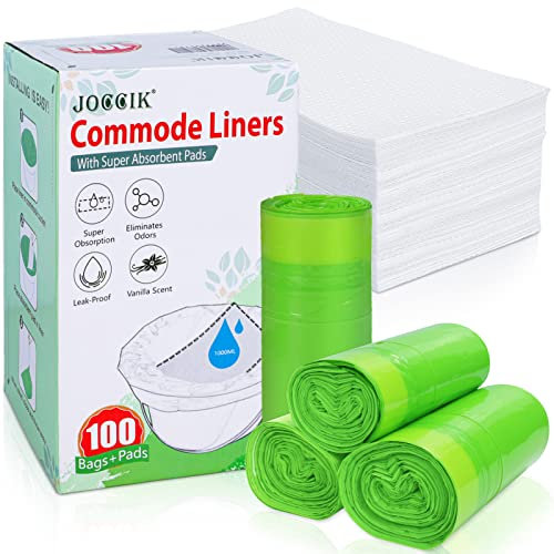 Bedside Commode Liners with Super Aborbent Pad, 100 Bags & 100 Pads for Bedside Toilet Chair Bucket