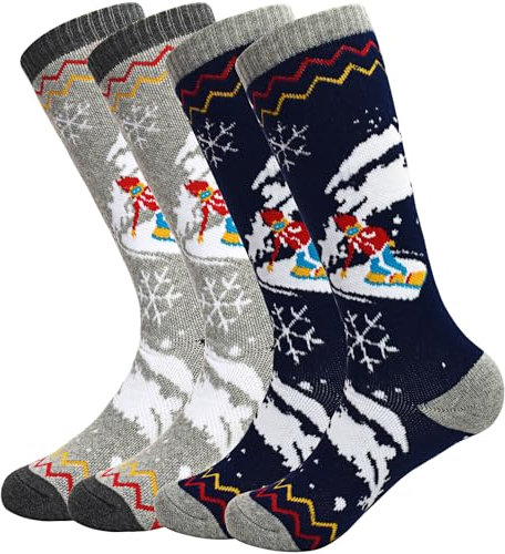 ARERWA Kinder Skisocken Thermisch Knielang Premium - Weich, strapazierfähig und warme Snowboardsocken für Jungen Mädchen (7-12 Jahre) 2 Paare Dunkelblau + Hellgrau