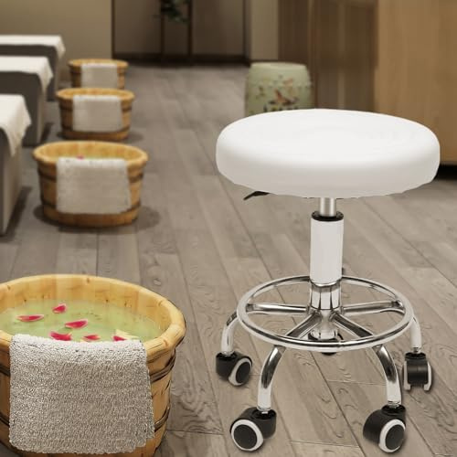 Rullpall, höjd justerbar salong, roterbar, kosmetika, sits, kontorsstol, stol, arbetspall, verkstad, roterande pall för barer, spa, modern, rund vit bas med handtag, järncirkel 360° svängbara hjul upp