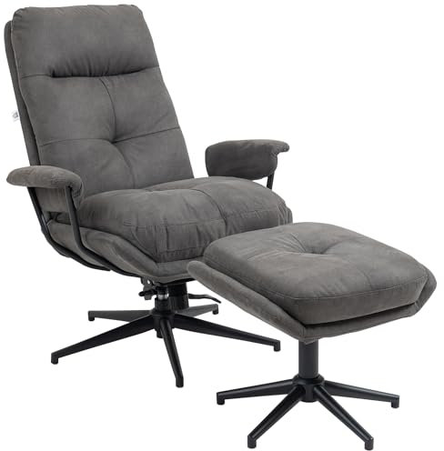 HOMCOM Relaxsessel mit Hocker, Fernsehsessel mit Drehbarem Fuß, TV-Sessel mit Liegefunktion, bis 150 kg Belastbar, für Schlafzimmer, Wohnzimmer, Polyester, Stahl, Dunkelgrau