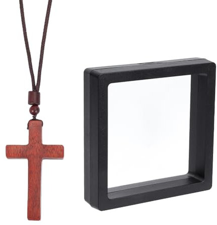 nbeads 5.8x3.35cm Holzkreuz-Halskette, 70cm Lange Kruzifix-Halskette Mit Ostermotiv Mit Schmuck-Display-Box Kreuzkettenanhänger Mit Kunstlederschnüren als Geschenk Für Männer Und Frauen