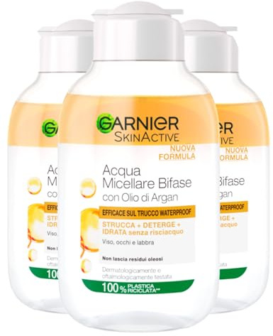 Garnier SkinActive zweiphasiges Mizellenwasser mit Arganöl, Make-up-Entferner für Gesicht, Augen und Lippen, entfernt wasserfestes Make-up, spendet Feuchtigkeit, ohne Ausspülen, 3 Flaschen à 100 ml