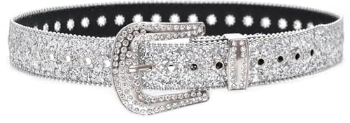 Zimoer Damen Strass Gürtel für Jeans,Punk PU Ledergürtel,Glitzer Gürtel für Western Cowgirl Cowboy,Y2k Bling Nieten-Ledergürtel,Glänzender Taillengürtel für Hosen, Kleider (Silber/Schwarz)