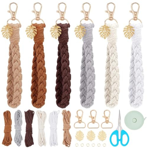 FREEBLOSS 6 Set Makramee Schlüsselanhänger Set, DIY Sonnenblumen Schlüsselring, Hängeornament, Makramee Hängedekoration, DIY Macrame Für Anfänger