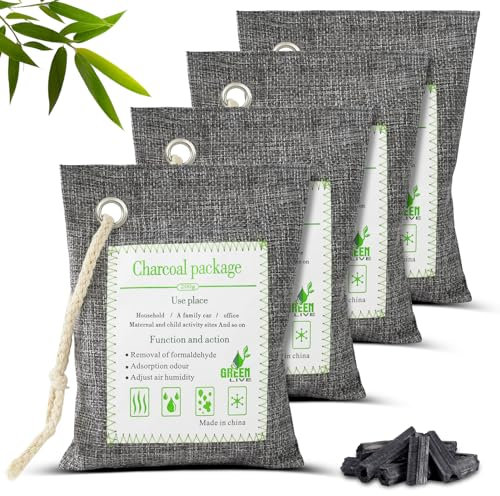 HOTUT Bolsa de Carbón Activo De Bambú, 4x200g Paquetes de Bolsa Purificadora de Aire de Carbón Activado, Desodorización y Deshumidificación para Coche, Baño, Clóset de Mascotas, Zapatos