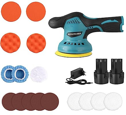 Polisseuse Voiture Sans Fil, Polisseuse Orbitale 12V, 8 Vitesse Variable 2800-5500RPM, 2*Batteries au Lithium de 3900mAh et d'attaches,Pour Voitures, Meubles en Bois Le Polissage, Cirage, Ponçage