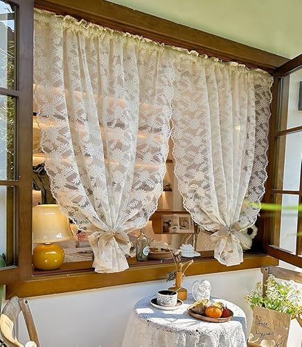 Daliena Rideau brise-bise - Petite fenêtre - Court - Dentelle vintage - Romantique - Avec broderie florale - Style français - Pour cuisine, salon - Couleur crème - 130 x 90 cm - 1 pièce