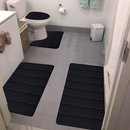 Generisch 4 Stück Badezimmermatten Sets, Weiche Badematte Memoryschaum, Badezimmerteppich, rutschfeste Badezimmer Toilettenmatte, Badteppich rutschfest Waschbar Badvorleger Set für Wanne WC (Schwarz)