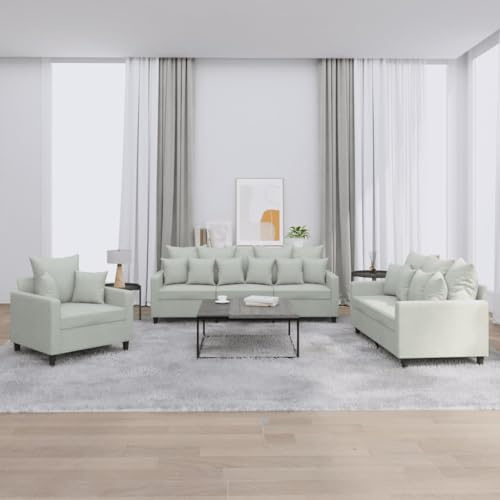 Willood 3-TLG. Sofagarnitur mit Kissen Hellgrau Samt,Sofa geeignet für Wohnzimmer, Sofa Set, mit Armlehnen und Kissen
