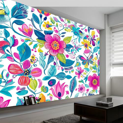 Carta da parati murale con fiori ad acquerello, 450 x 315 cm, bella pianta ad acquerello, fiori, insetti, carta da parati fotografica per soggiorno, camera da letto, ufficio, camera dei bambini,