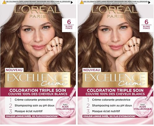 L’ORÉAL PARIS - Coloration Cheveux Permanente Triple Soin - Couvre 100% des Cheveux Blancs - Excellence Crème - Nuance : Blond Foncé (6)