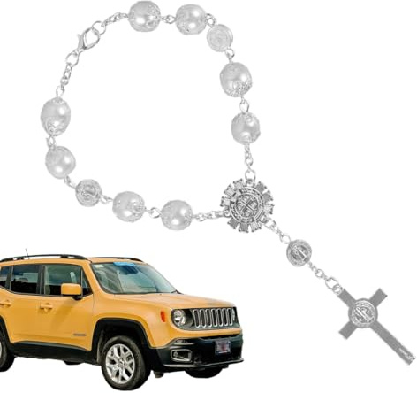 FIMWOLZ 1 Stück Auto Rosenkranz für Rückspiegel mit Christophorus und Kruzifix in Silber mit Verschluss Autofahrer Geschenk Gebetskette für Auto Innenspiegel Sonnenblende Talisman Glücksbringer im PKW