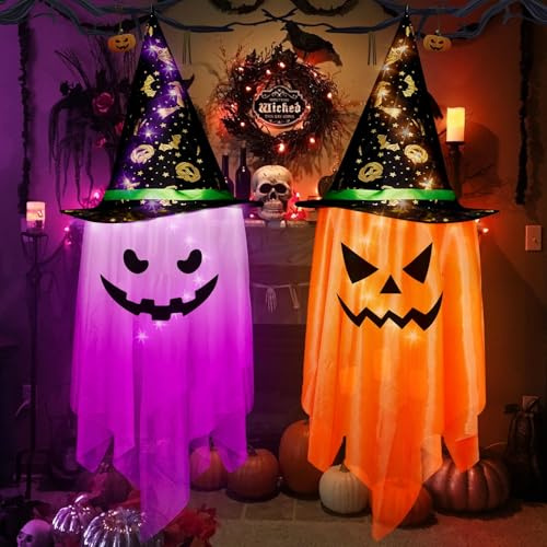 Johiux Halloween Geister Deko Garten Outdoor,Hängelicht Deko Hexenhut | 2 Stück Glow Indoor Outdoor Dekorationen mit LED-Lichtern ,Hängende Gespenster Deko Halloween Party Haus Bäume.