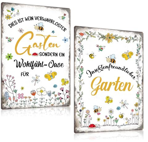2er Set Retro Blechschilder Garten 20x30cm - Bienen Metallschilder mit sprüchen lustig - Vintage Gartenschild Wandschild Wanddekoration Schild Geschenk (A)
