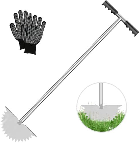 Foppla Sägezahn-Rasenkantenschneider, Rasenschneider,Halbmond-Rasenkantenschneider mit T-Griff, Langstieliges Kantenmesser für Rasenkanten，94cm (Säge+Handschuhe)