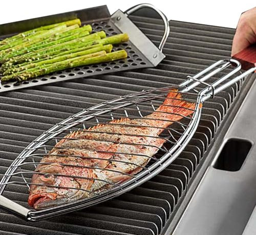 Basket barbecue innovativo per grill di pesce, per grigliare verdure, pesce, gamberi, per barbecue, cestino per griglia per barbecue durevoli con manico a scorrimento
