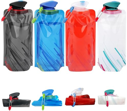Horuili botella plegable deportiva, 4 piezas botellas de agua reutilizables, botella plegable flexible mochilas de hidratación para senderismo, viajes de aventura, 700 ml