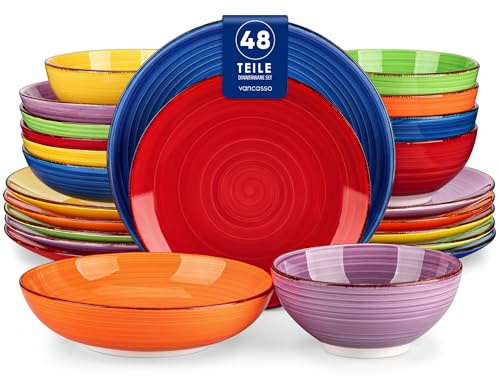 Tafelservice 12 Personen, vancasso Bonita 48tlg Geschirrset Steingut, modernes Ess Kombiservice mit je 12 Speiseteller, Salatteller, Suppenteller und Schalen