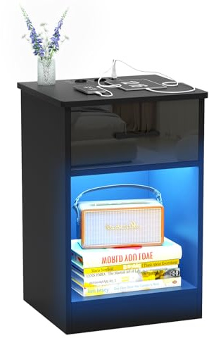 Ysgwsg Table De Chevet avec Station de Charge, Table De Nuit LED, 2 Prises CA, 2 Ports USB, avec 1 Compartiment Ouvert et 1 Tiroirs, Convient Aux Salons, Meuble De Chambre. (Noir., Lot de 1)