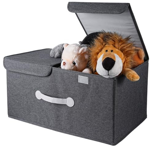 Deskium Faltbare Spielzeugkiste mit Trennwand, große Organizer-Box für Kinderkleidung, Spielzeug, Bücher, Mülleimer mit Deckel und Griff, Grau