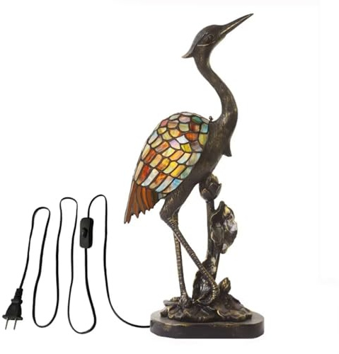 DESHOME Lampada Tiffany Lampada da Tavolo Airone - Luce Decorativa Vintage in Vetro Colorato Artigianale per Soggiorno, Camera da Letto e Hotel, Scultura Animale Creativa