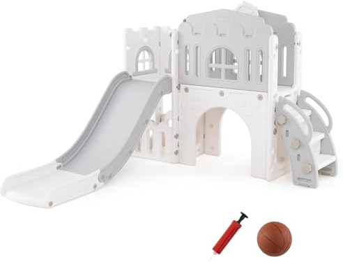 GOPLUS 9 in 1 Kinderrutsche, Kinder Rutsche aus HDPE mit Basketballkorb, Teleskop, Lenkrad, Durchgang, Tunnel, Babyrutsche Indoor für Kinder Spielplatz, Rutsche Outdoor ab 1 Jahr (Grau)